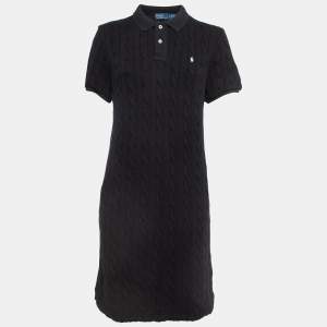 Pre Owned Polo Ralph Lauren Black Logo Embroidered Cable Knit Mini Polo Dress XL