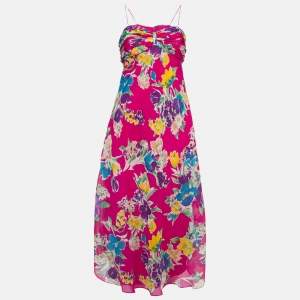Pre Owned Polo Ralph Lauren Pink Floral Silk Spaghetti Strap Midi Dress M