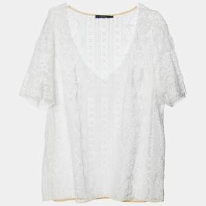 Pre Owned Polo Ralph Lauren White Lace V-Neck Blouse M