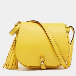 Pre Owned Polo Ralph Lauren Yellow Leather Tassel flap Crossbody Bag
