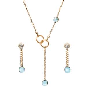 Pomellato Nudo Blue Topaz Diamond 18K Rose Gold Sautoir Necklace and Long Earrings Set 