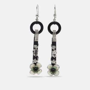  Prada Flower Resin Crystals Enamel Silver Tone Drop Earrings