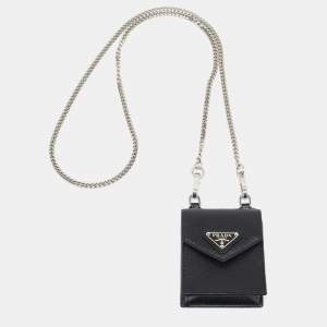 Prada Black Saffiano Leather Earphone Chain Case 