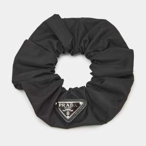 Prada Black Nylon Logo Plaque  Hair Scrunchie