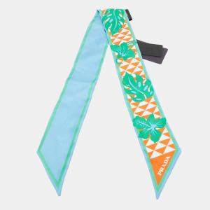 Pre Owned Prada Blue/Orange Triangle Hibiscus Print Silk Bandeau Scarf