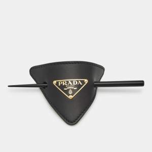 Pre Owned Prada Black Leather Resin Gold Tone Hair Clip