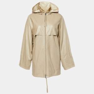 Prada Beige Leather Hooded Zip-Up Coat S