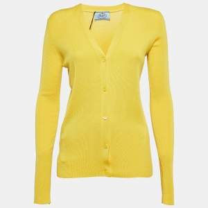 Prada Yellow Cashmere Blend Rib Knit Cardigan M