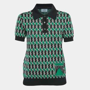 Prada Navy Green Jacquard Wool Knit Polo T-Shirt M