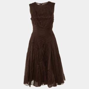 Prada Brown Cotton Pleated Detail Midi Dress S