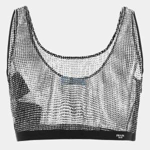 Prada Black Rhinestone Mesh Sheer Crop Top M