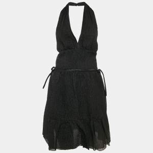 Prada Black Textured Organza Silk Halter Neck Mini Dress M