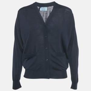 مملوكة مسبقًا Prada Navy Blue Virgin Wool Button Front Cardigan XS