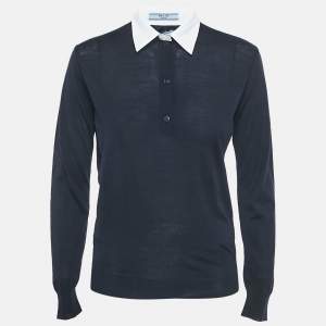 مملوكة مسبقًا Prada Navy Blue  Wool Knit Contrast Collar Pullover XS