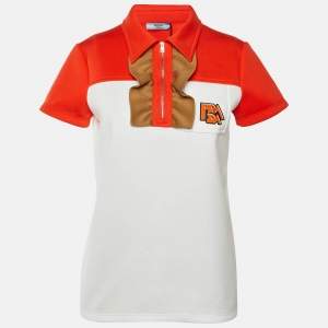 مملوكة مسبقًا Prada White/Red Techno Jersey Ruffled Polo T-Shirt S