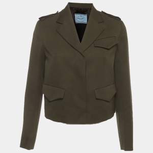 Pre Owned Prada Military Green Wool Gabardine Cropped Jacket XXS