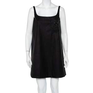 Prada Black Synthetic Logo Embossed Patch Pocket Detail Oversized Slip Dress S