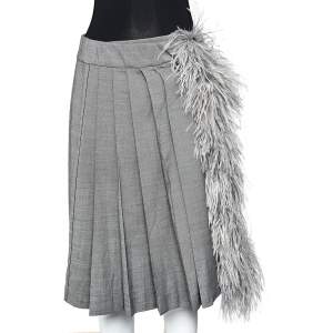 Prada Grey Wool & Silk Fur Trim Pleated Midi Skirt S