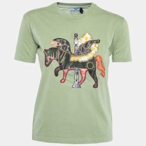 Prada Green Cotton Embroidered Embellished Short Sleeve T-Shirt M