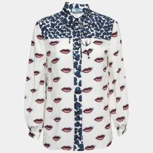Prada White Lips & Hearts Print Silk Front Tie Neck Shirt S