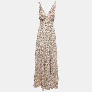 Prada Multicolor Printed Silk Plunge Neck Ramage Gown L 