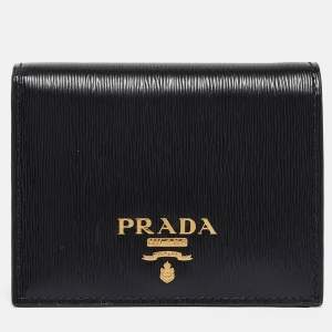 Prada Black/Red Vitello Move Leather Logo Bifold Compact Wallet