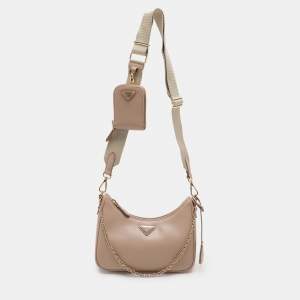 Pre Owned Prada Beige Saffiano Lux Leather Re-Edition 2005 Shoulder Bag