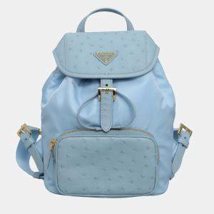 Prada Sky Blue Nylon and Ostrich Leather Backpack