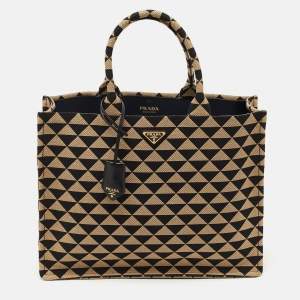 Prada Black/Beige Triangolo Symbole Embroidered Jacquard Large Tote