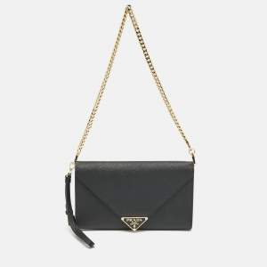 Prada Black Saffiano Triang Leather Envelope Chain Clutch