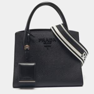 Prada Black Saffiano Cuir Leather Small Monochrome Tote