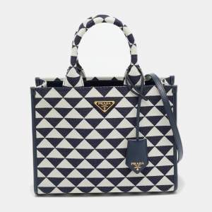 مملوكة مسبقًا Prada Symbole Small Navy Blue/Chalk White Triangle Jacquard Canvas Tote