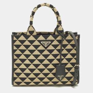 Pre Owned Prada Symbole Small Beige/Black Embroidered Canvas Tote