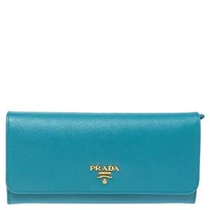 Prada Turquoise Saffiano Lux Leather Flap Continental Wallet