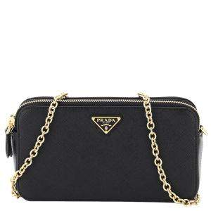 Pre Owned Prada Black Leather Double Zip Chain Mini Bag
