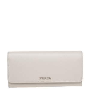 Pre Owned Prada White Saffiano Leather Flap Wallet