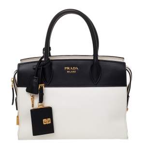 Pre Owned Prada White/Black Saffiano Lux And City Leather Medium Esplanade Satchel