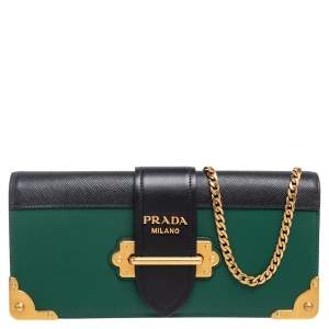 Prada Emerald Green/Black Leather & Saffiano Leather Cahier Chain Clutch 