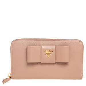 Pre Owned Prada Beige Saffiano Leather Bow Zip Around Wallet
