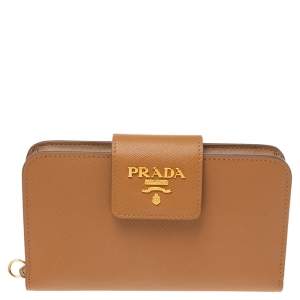 Pre Owned Prada Tan Saffiano Lux Leather Flap Wristlet Wallet