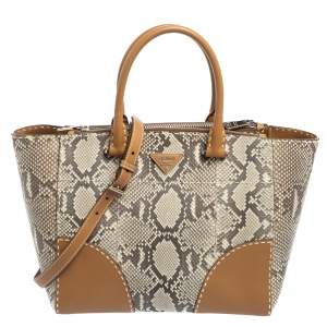 Pre Owned Prada Beige Python And Leather Double Zip Tote