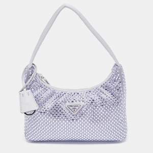 Pre Owned Prada Lavender Satin Crystal Embellished Re-Edition 2000 Baguette