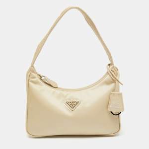 Pre Owned Prada Beige Tessuto Nylon Re-Edition 2000 Baguette Bag