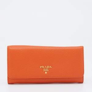 Pre Owned Prada Orange Vitello Daino Leather Flap Continental Wallet