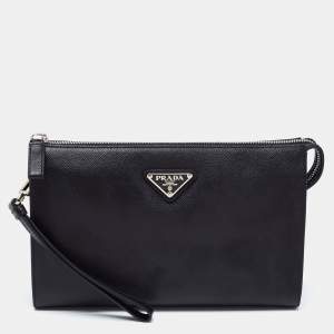 Pre Owned Prada Black Saffiano Lux Leather Wristlet Pouch
