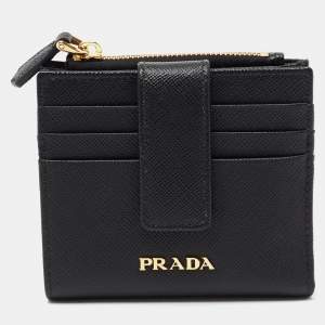 Pre Owned Prada Black Saffiano Metal Leather Flap Card Holder