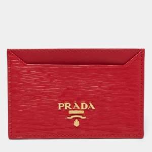 Pre Owned Prada Red Vitello Move Leather Card Holder