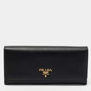 Pre Owned Prada Black Saffiano Leather Flap Continental Wallet