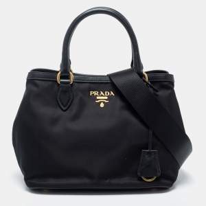 Pre Owned Prada Black Leather And Tessuto Tote