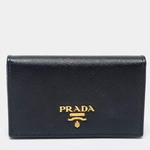 Pre Owned Prada Black Saffiano Leather Flap Card Holder